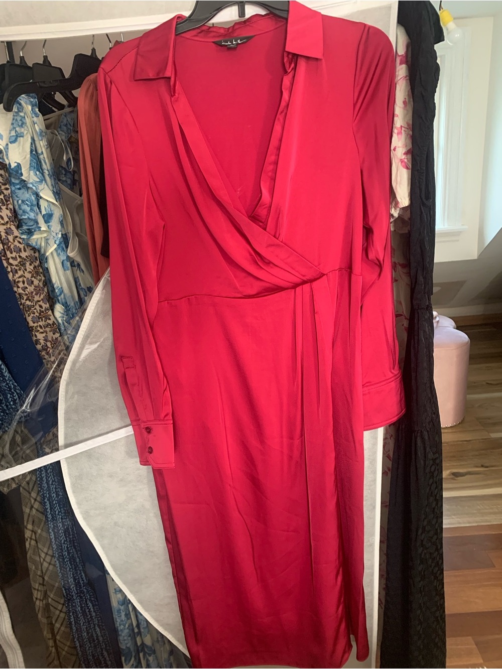Women's Red Wrap-Style Long Sleeve Dress